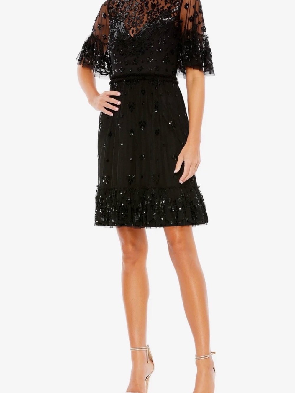 Mac Duggal Black Sequin Midi Dress with Flutter Sleeves